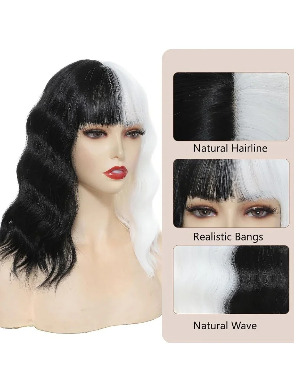 Women's Black White 14 Inch Heat Resistant Short Wavy Hair Pastel Bob Wig Bangs